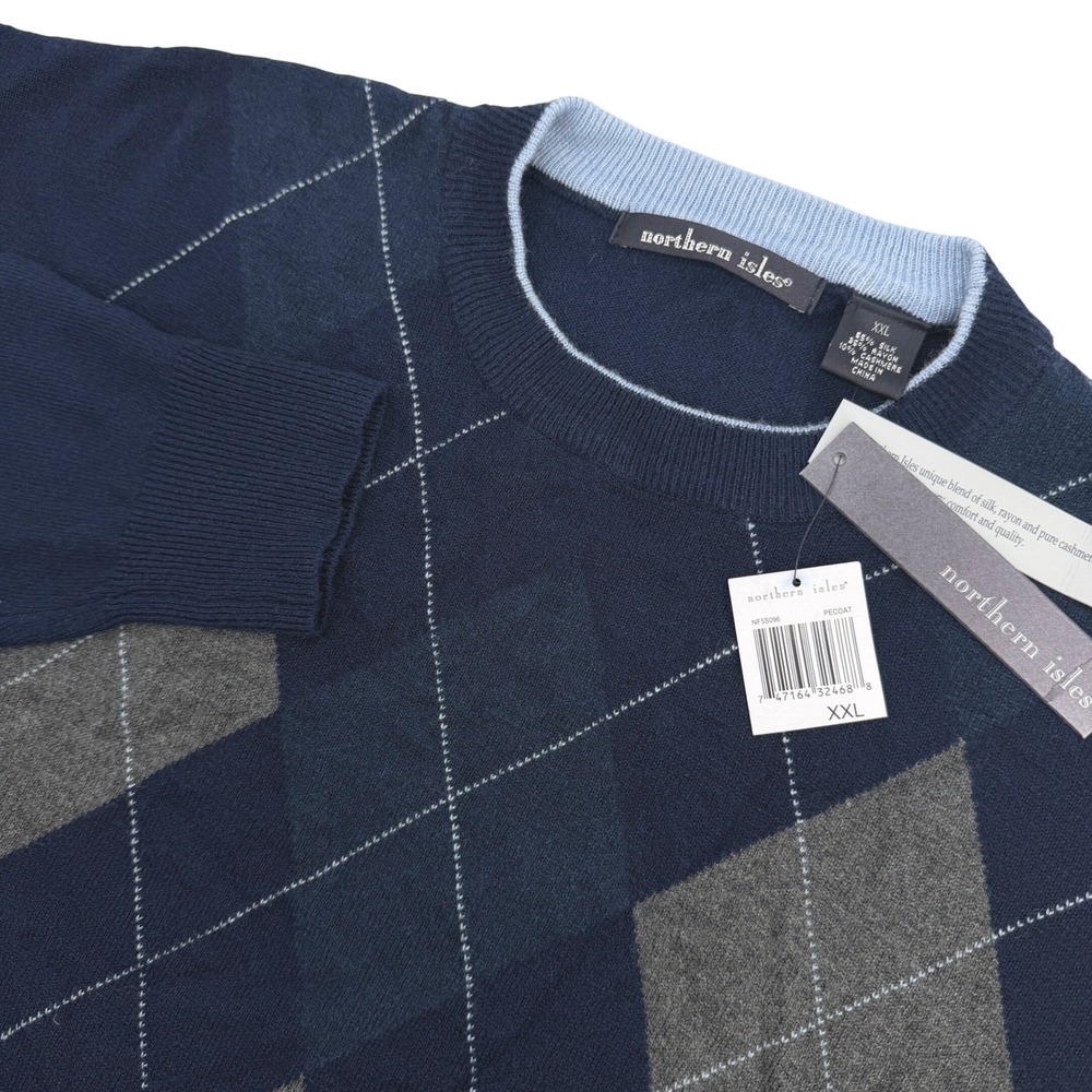 Northern Isles Sweater Mens XXL Navy Argyle Silk Cashmere Blend Pullover Preppy